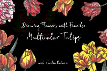 Drawing Flowers with Pencils: Multicolor Tulips text surrounded by hand-drawn floral illustrations