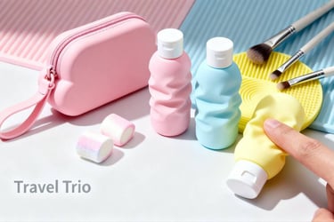The "Pillow Soft" GWP series, featuring a pink silicone pouch, travel bottles, and a yellow mat.