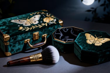 The "Midnight Garden" GWP set: a velvet trunk, makeup brush, and jewelry box.