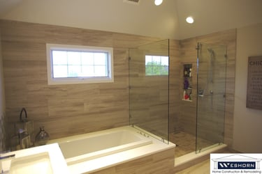 Mt Prospect master bath remodel with updated tile flooring, quartz countertops, and new fixtures
