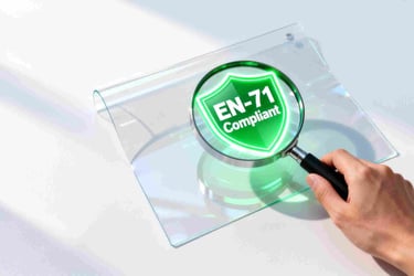 A magnifying glass over PVC material reveals "EN-71 Compliant" text, symbolizing foresight.