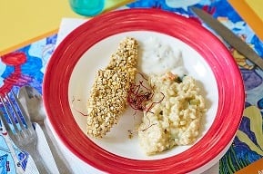 Filet de bar pané aux céréales, risotto de légumes, crème citronée et herbes