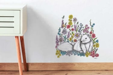 White wall with a hand-drawn squirrel illustration wall sticker