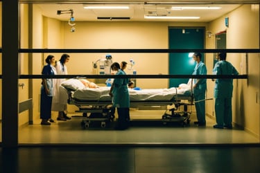 Doctors & nursing staff treating patient with AI & Data Analytics reports in Healthcare