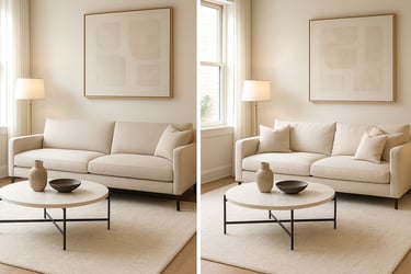 ight back vs. loose back sofas shown in side-by-side living rooms, styled with elegant lighting and neutral decor.