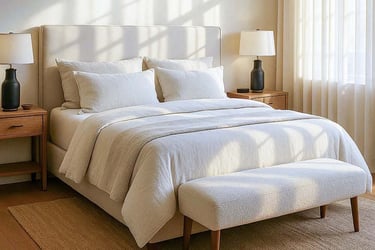 California king upholstered bed with a boucle bedroom bench at the foot, styled in a serene modern bedroom.