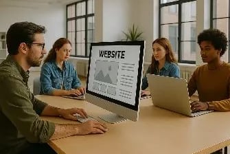 Dos chicos y dos chicas creando un proyecto web en la oficina, sentados en una mesa grande