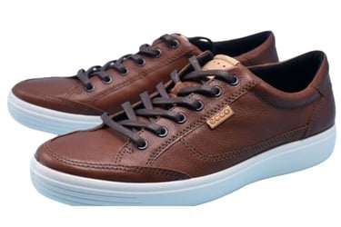 a brown leather sneaker with a white sole and blue soles