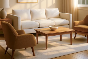 Modern living room with a contemporary bench sofa and bold accent chairs, lit by natural afternoon light.