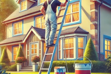 A man in overalls and a cap stands on a ladder, painting a house’s exterior with a roller, with pain