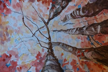 A painting looking up at trees