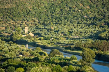 View of Temo River and San Pietro church in Bosa, Sardinia