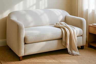 Curved love seat in a cozy guest room with soft lighting and modern styling elements.