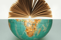 Teal colored globe showing Africa with a book centered on the globe