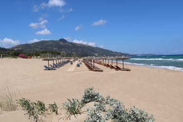 wide sandy beach with watersport in Zakynthos, reachable by car from Villa Olga