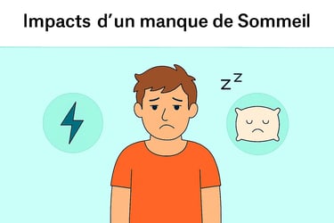 Homme fatigué avec des icônes représentant un éclair et un oreiller triste, illustrant les effets du manque de sommeil, reche