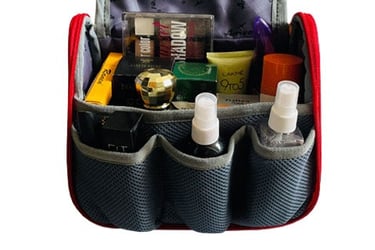 red makeup bag with multiple space to keep products