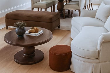 Neutral sofa paired with bold accent ottoman in a living room setting with layered textures.