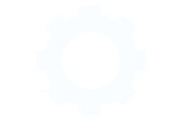 White gear icon representing settings and industrial engineering on a black background.