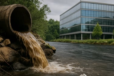 Tubería industrial vertiendo residuos en un río contaminado junto a un edificio de oficinas moderno.