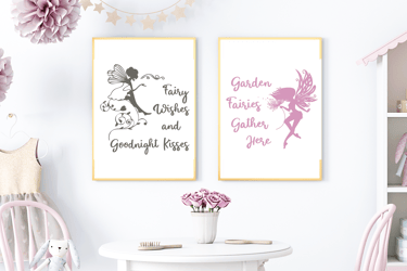 A pink baby room with printable wall art with Fairies. "Fairy wishes and goodnight kisses" and "Garden fairies gather here"