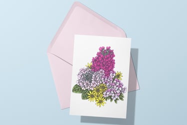 Greeting card featuring hand-drawn pink and yellow flowers with a pink envelope on a light blue background