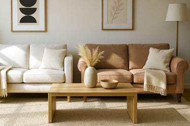 Side-by-side comparison of modern sofa with clean arms and traditional rolled-arm sofa in a refined, sunlit living room.