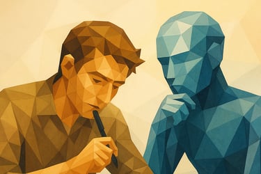 Writer with AI metaphorical art used for education in a writing masterclass course on Udemy.