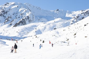 a group of people skiing down a snowy mountain