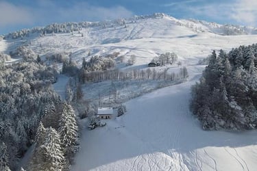 a ski slope with a house in the background