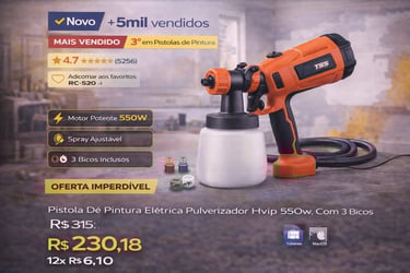 Pistola de pintura elétrica HVIP 550W laranja com bicos ajustáveis para pulverização profissional.