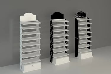 Three sleek retail display shelves in black and white for professional product merchandising.
