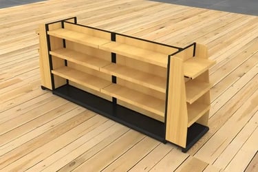 Double-sided wooden retail display shelves with black metal frames on a light wood floor.