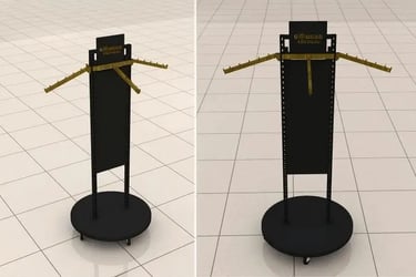 Black metal freestanding retail display rack with adjustable gold hanging arms for clothing.