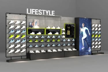 Modern retail footwear display with lifestyle sneakers on floating shelves and backlit shoe racks.