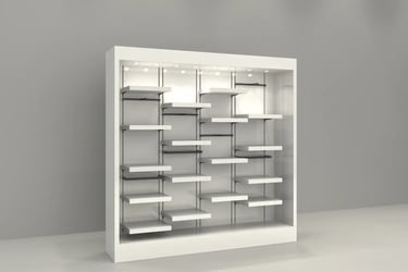 Modern white retail display shelving unit with integrated LED lighting for showroom products.