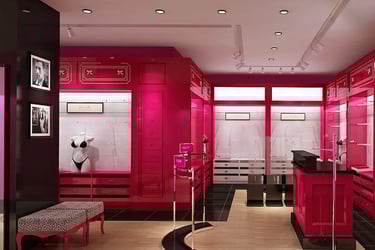 Luxury pink boutique interior with modern lingerie displays and stylish leopard print seating.