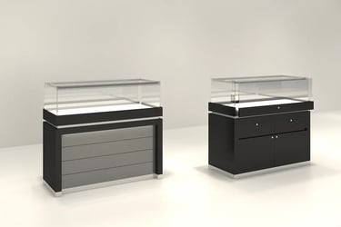 Two black modern glass display cases for jewelry stores with LED lighting and storage cabinets.