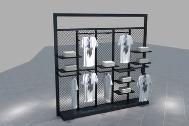 Modern black metal mesh retail clothing display rack with shelves and hanging t-shirts.
