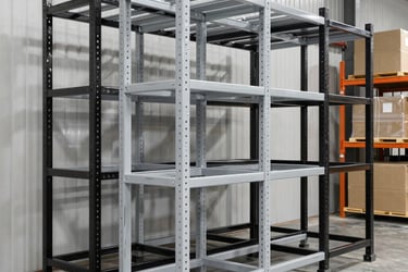 Durable metal industrial shelving units in grey and black for warehouse storage and organization.