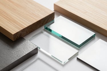 Modern interior design material samples featuring light wood planks, clear glass tiles, and dark stone.