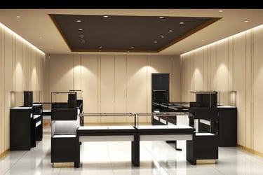 Luxury modern jewelry store interior with black glass display cases and gold accent lighting.
