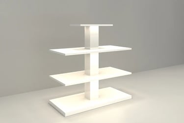 Modern white minimalist tiered retail display stand with three levels for store merchandise.