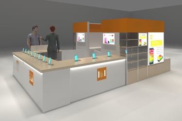 Modern mobile phone display booth featuring Mi brand smartphone kiosks and retail shelving.