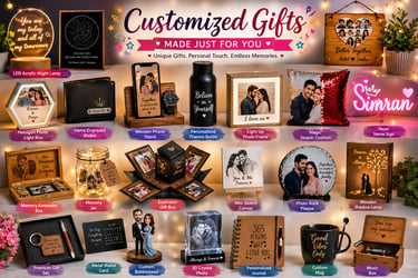 A wide assortment of customized gifts including a personalized photo lamp, engraved wallet, and custom mugs.
