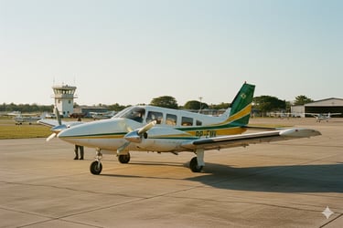 a small plane sitting on a tarmac, embraer emb-810 seneca