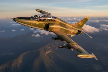 a military plane flying over a mountain range, xavante emb-326