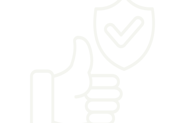 White line icon showing a thumbs up gesture next to a security shield with a checkmark on a black background.