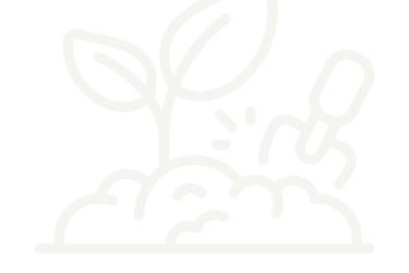 A white line icon of a seedling growing in soil being tended with a hand rake tool.