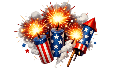 Red white and blue patriotic fireworks with glowing sparks for America 250 celebration.